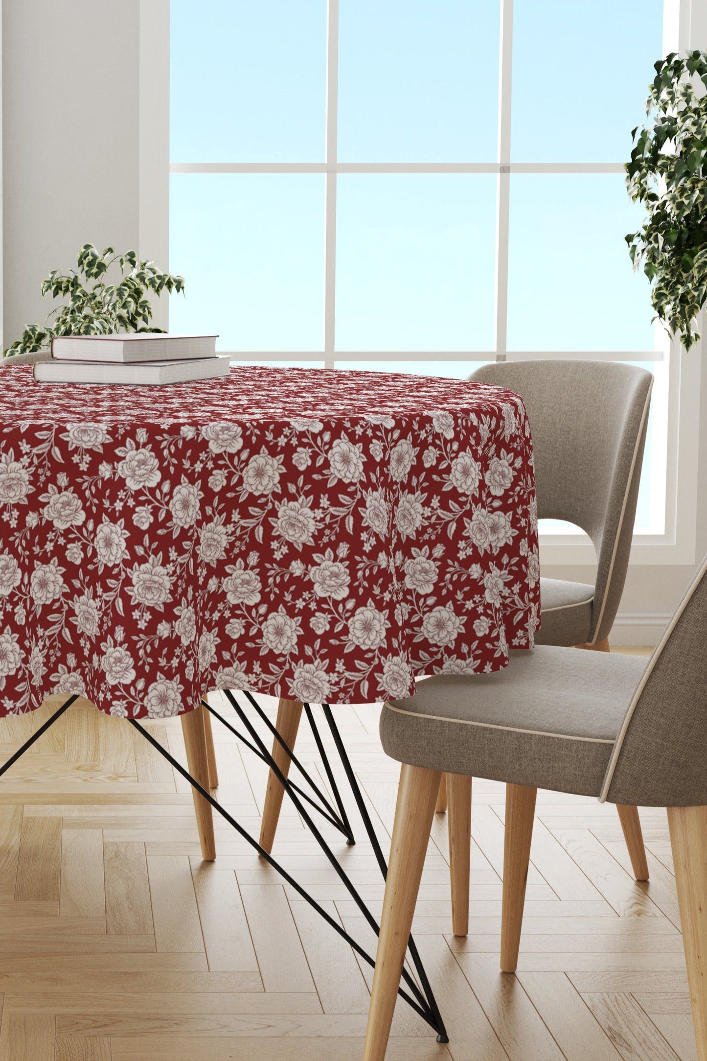 Red & White Floral Round Tablecloth
