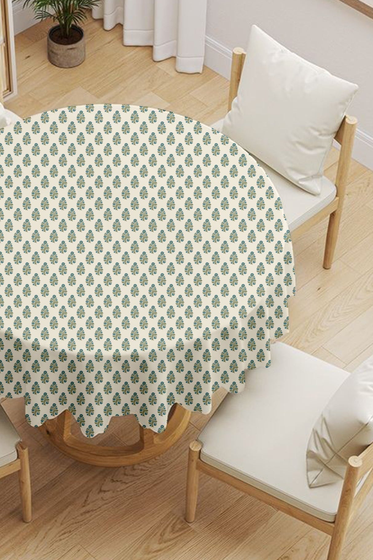 Blue Green Floral Motif Round Tablecloth