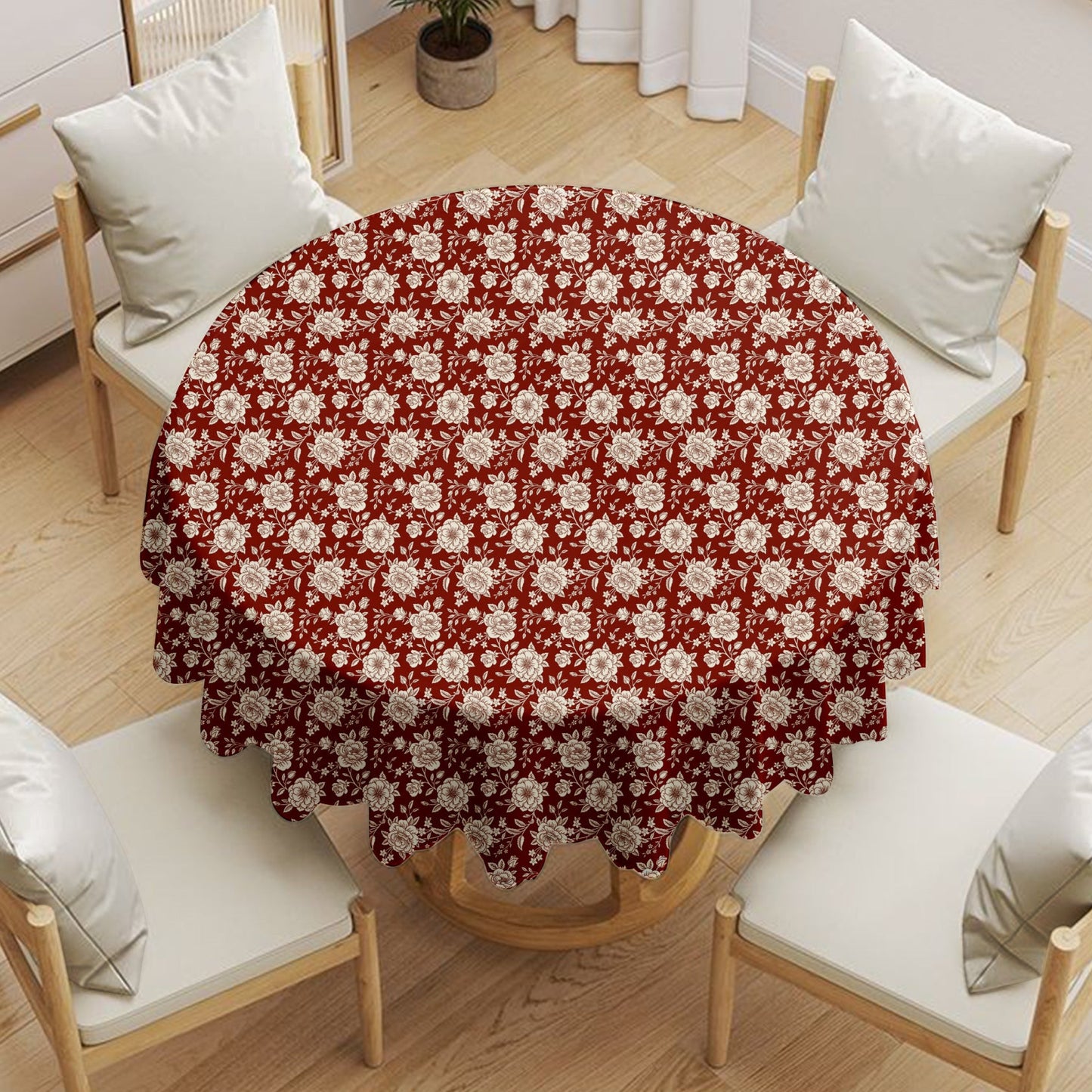 Red & White Floral Round Tablecloth
