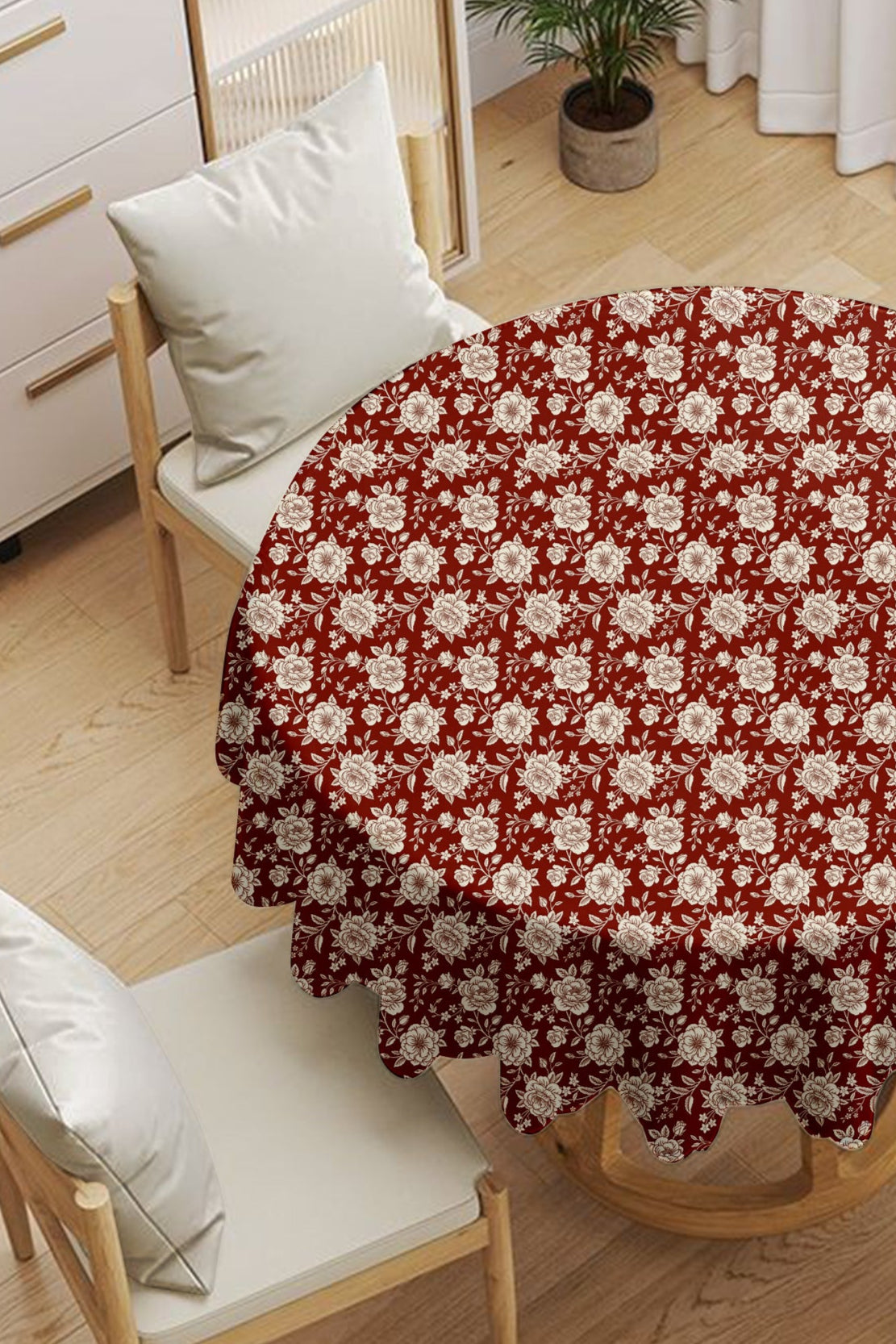 Red & White Floral Round Tablecloth