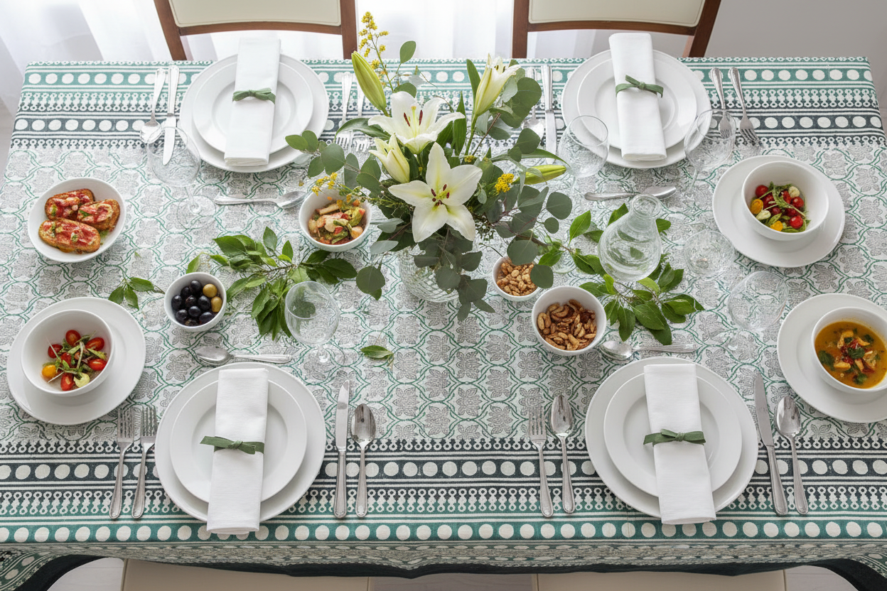 Tablecloth with geometric pattern on a wooden table against a white wall