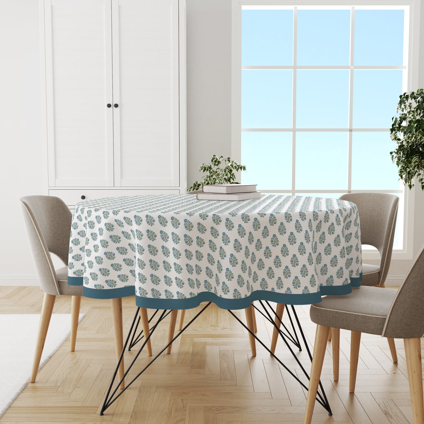 Blue Green Floral Motif Round Tablecloth