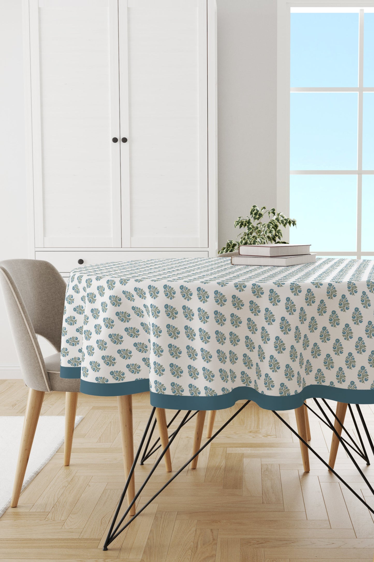 Blue Green Floral Motif Round Tablecloth