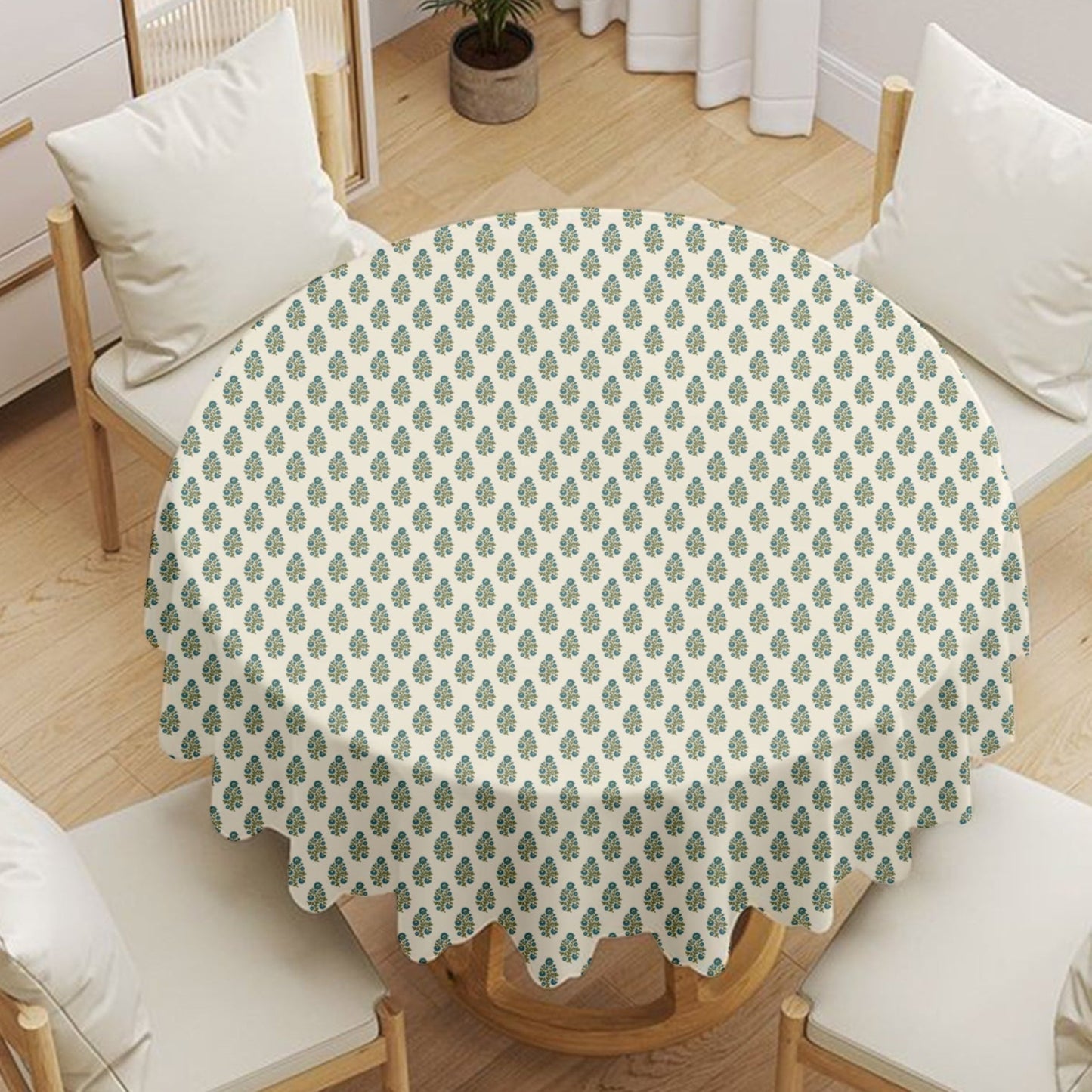 Blue Green Floral Motif Round Tablecloth